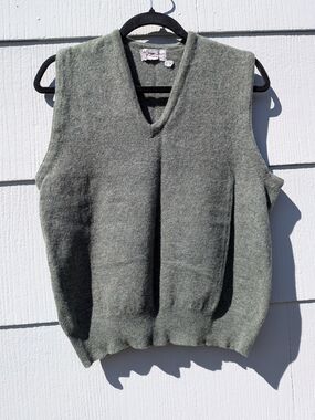 Vintage Olive Green V-Neck Wool Sweater Vest